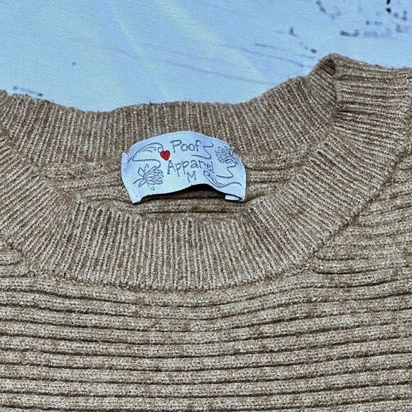 Poof Apparel Ribbed Knit Cropped Sweater Beige Tan Pullover Casual Long Sleeve M - Picture 2 of 6